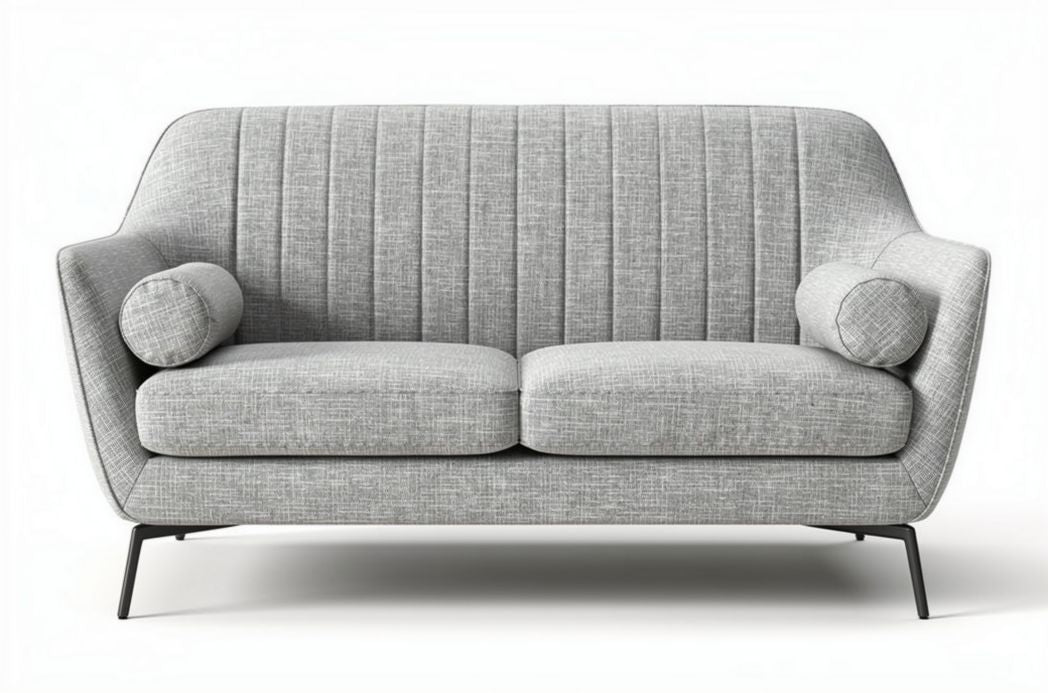 Modern gray fabric sofa with tufted design and two accent pillows 180 x 80 x 85cm