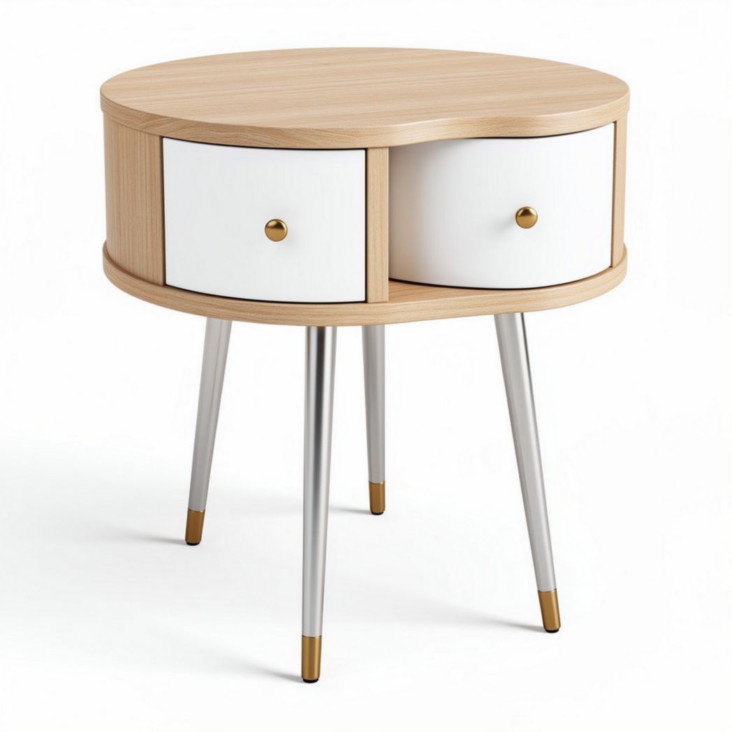 Round accent table with two drawers in wood and white finish 60 x 60 x 50cm