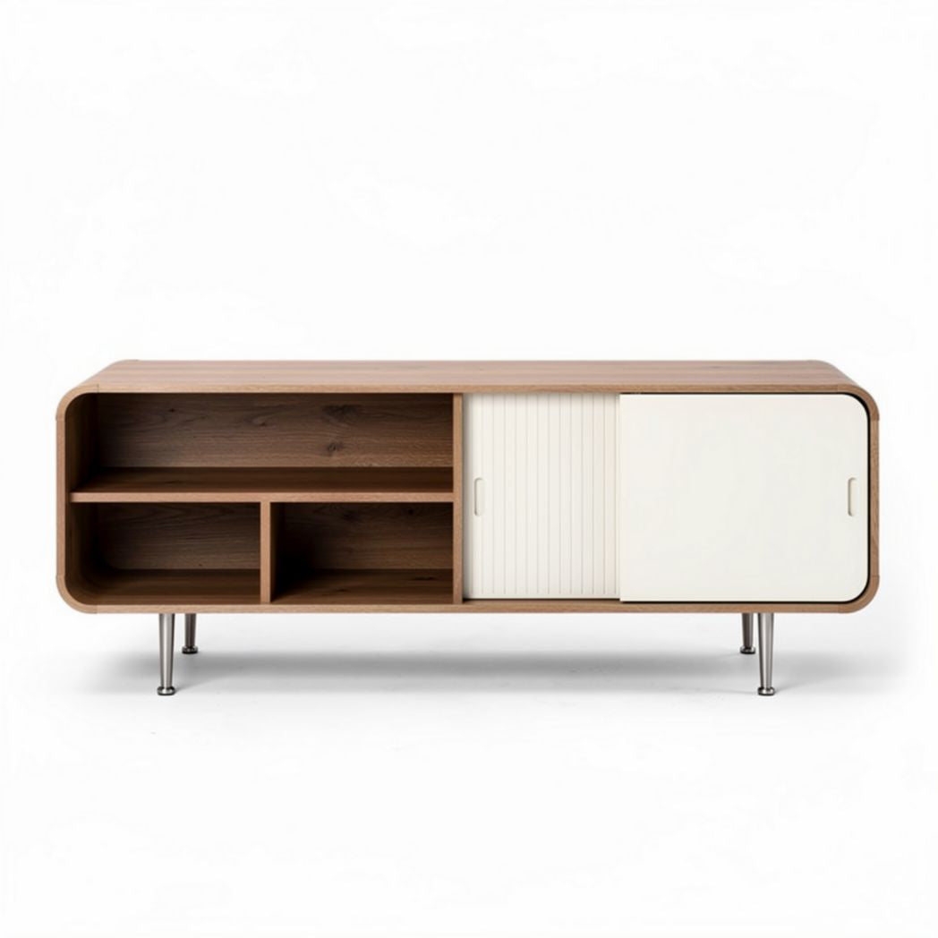 Wooden TV stand with storage shelves and a walnut finish 120 x 40 x 50cm