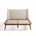 Upholstered fabric bed frame with natural wood slats and mid-century design