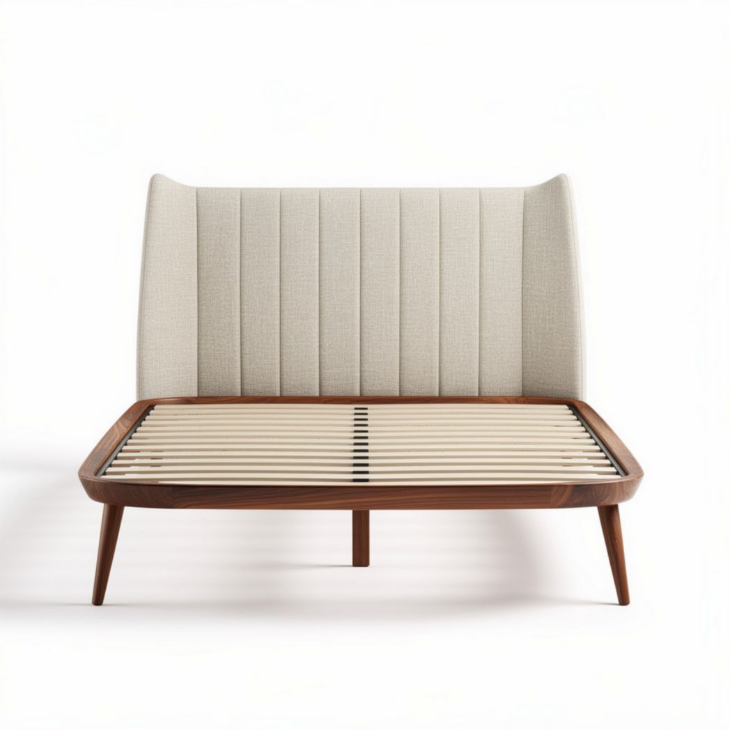 Upholstered fabric bed frame with natural wood slats and mid-century design