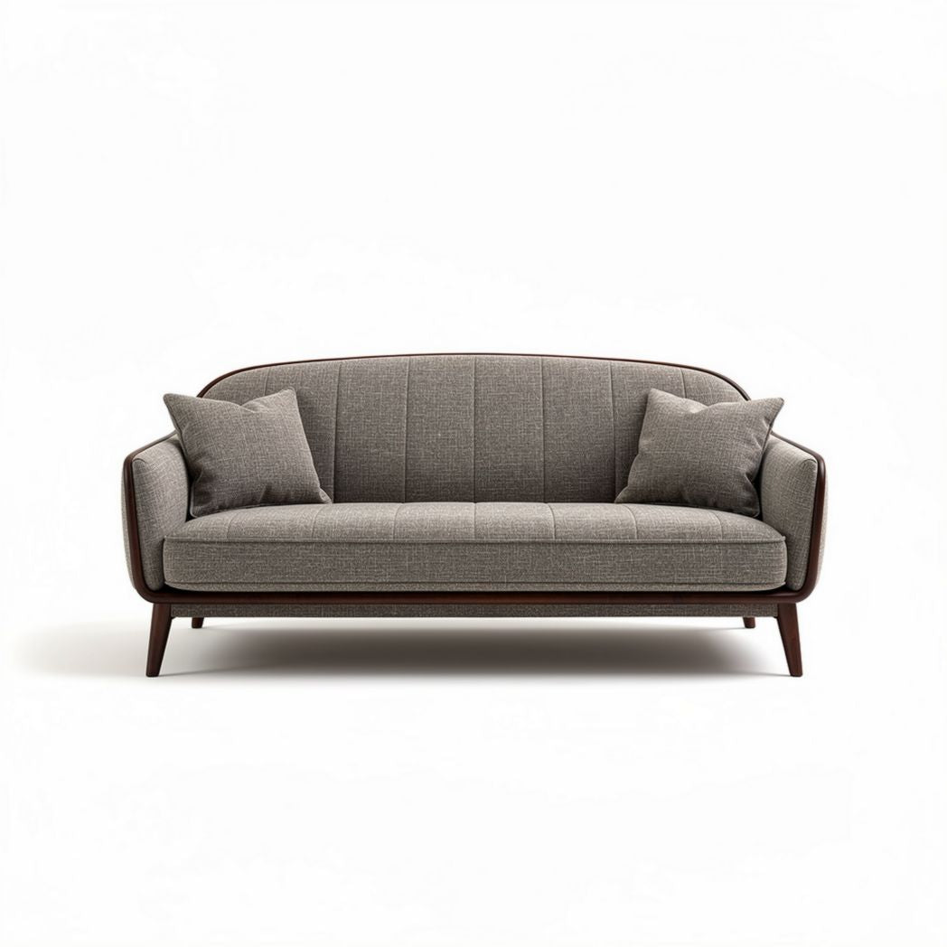 Mid-century modern fabric sofa with wooden legs and two pillows 180 x 80 x 85cm