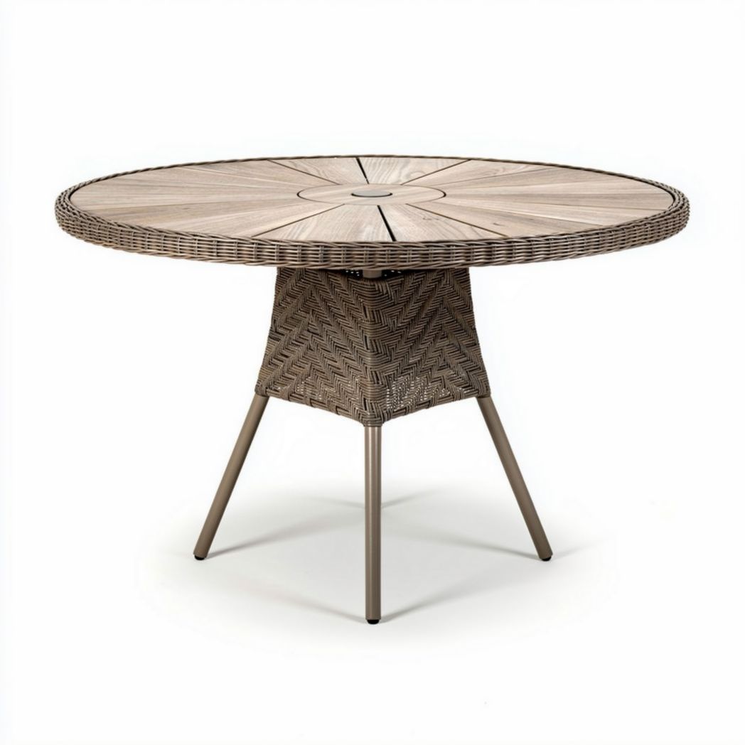 Round outdoor dining table with weather-resistant wicker and metal base 120 x 120 x 75cm