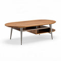 Oval wood coffee table with metal legs and lower storage shelf 120 x 60 x 40cm