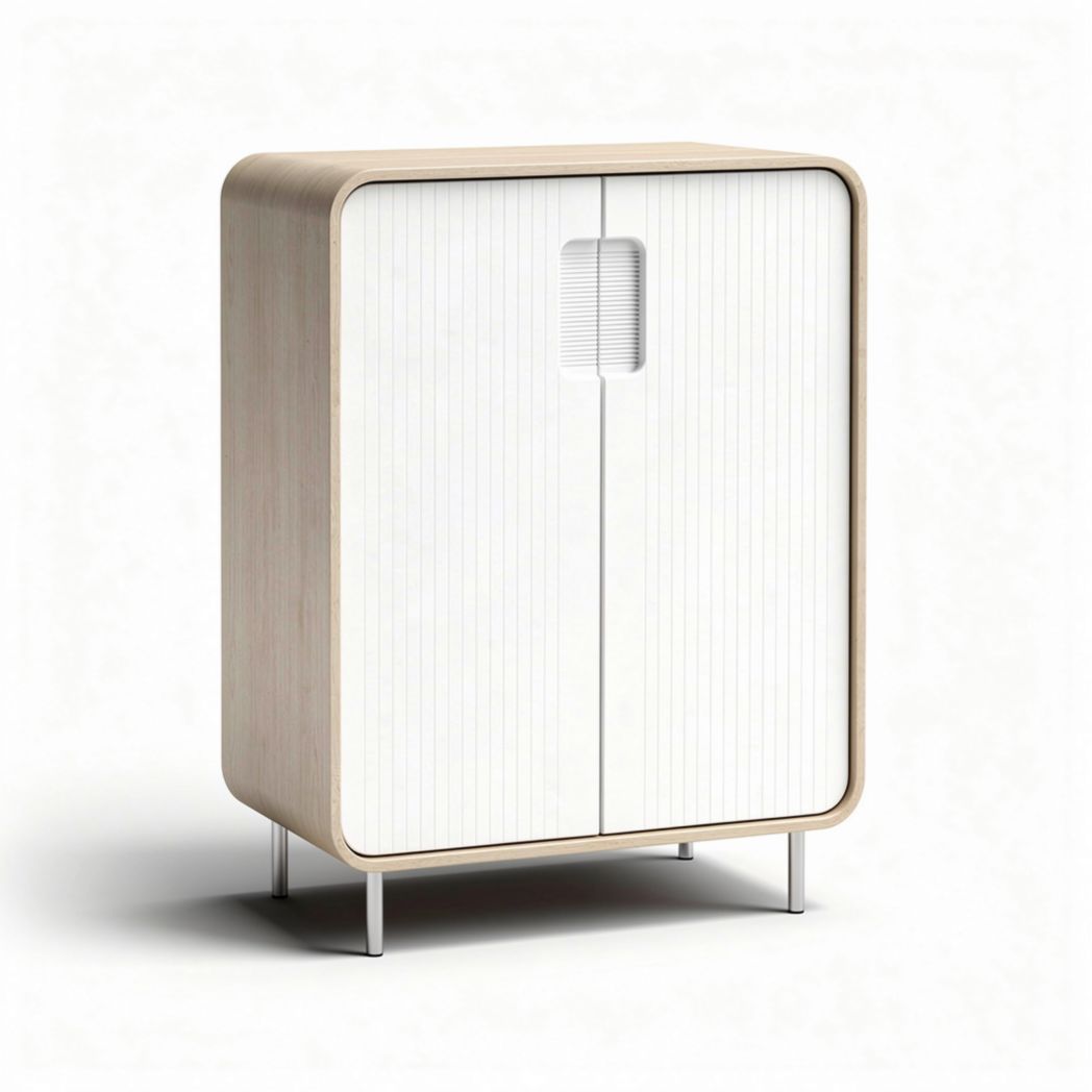Modern wooden storage cabinet with white ribbed doors and metal legs 90 x 45 x 100cm