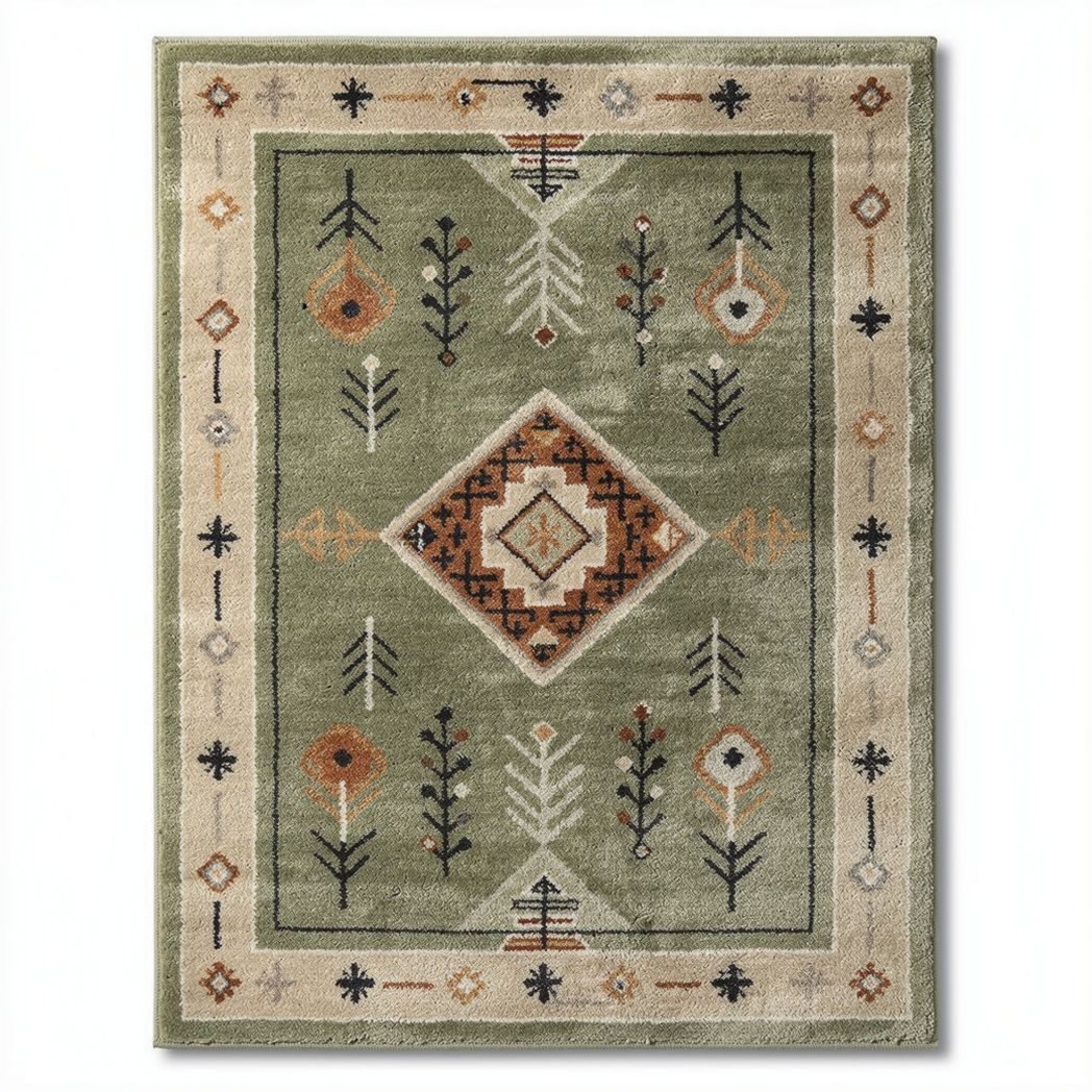 Area rug in green with geometric and floral patterns 150 x 90 x 1cm